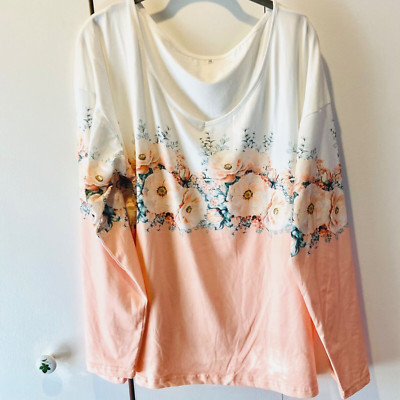 Womens Top Size 4X Long Sleeve Coral and White Floral Stretchy V-Neck