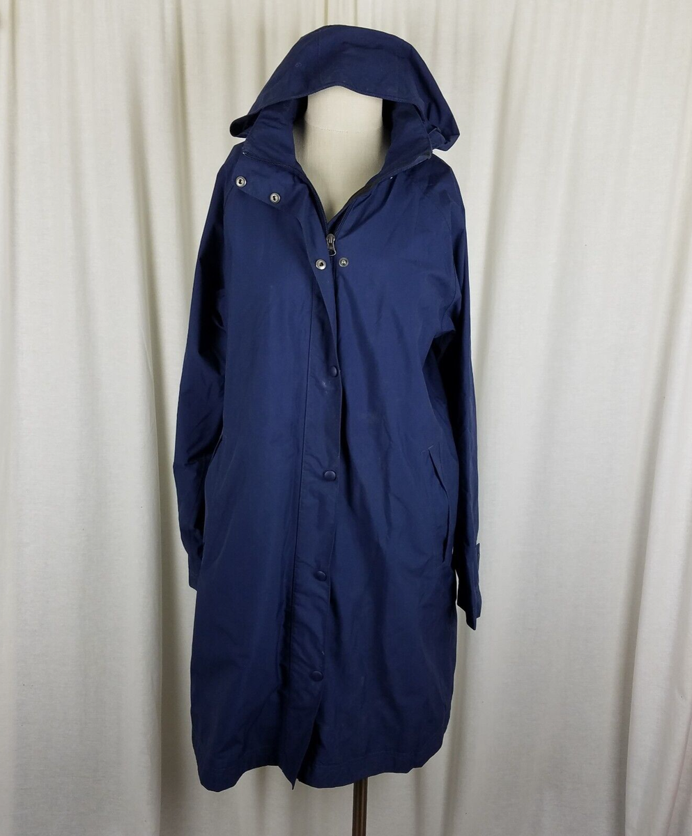 LL Bean Mesh Lined All Weather Hooded Midi Trench Rain Coat Womens M Navy  Blue