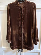 Citron Santa Monica Tobacco Brown Velvet Shirt Blouse Tunic Mandarin Collar SM