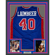 Framed Facsimile Autographed Bill Laimbeer 35x39 Detroit Blue Reprint Jersey