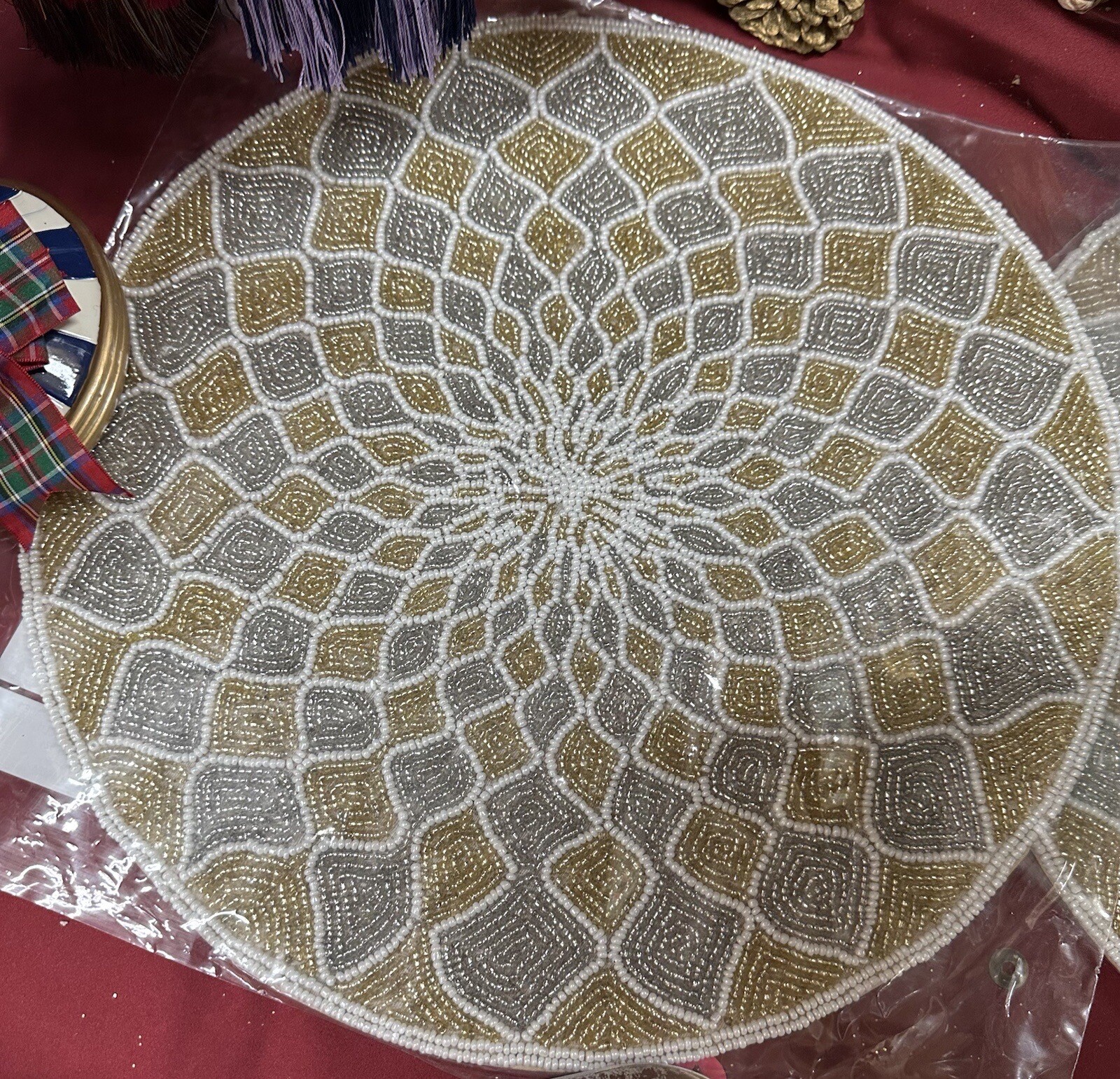 Mackenzie Childs Kaleidoscope Beaded Placemats Gold And Silver New