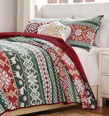 FAIR ISLE CHRISTMAS 3p Queen QUILT SET : RED GREEN SNOW DEER SWEATER HOLIDAY