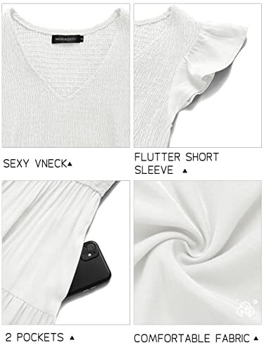 Damen Flatterärmel gesmoktet Midi Kleid V-Ausschnitt Freizeit abgestuft Medium weiß - Bild 7 von 7