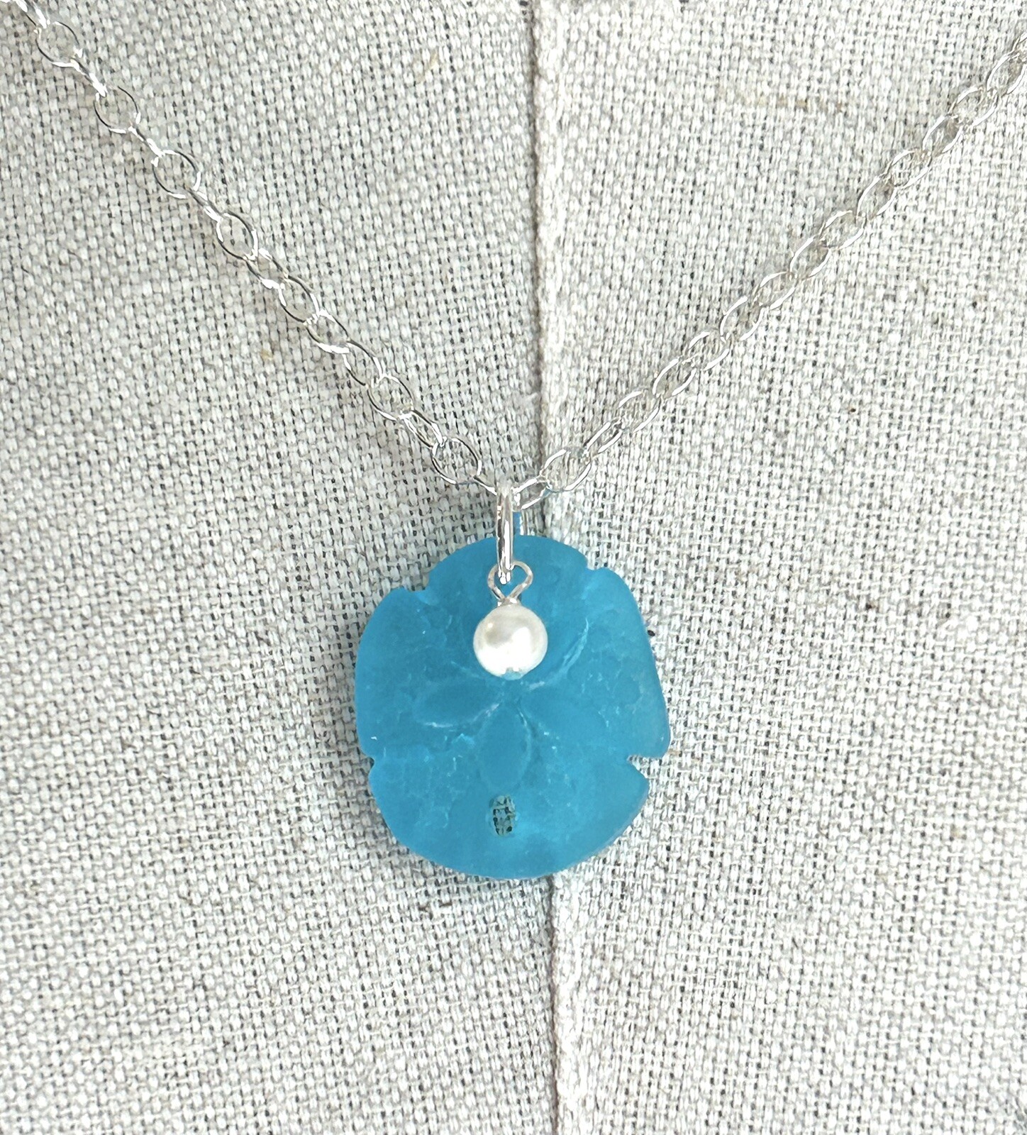 Aqua Sea Glass Sand Dollar Pearl Sterling Silver Necklace Sundance Treasures