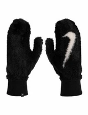Nike Plush Mittens Gloves Solid Black White Winter Fuzzy Size XS/S M/L