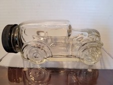 VINTAGE CLEAR 1930'S SEDAN CAR GLASS CANDY CONTAINER  with BLACK CLOSURE