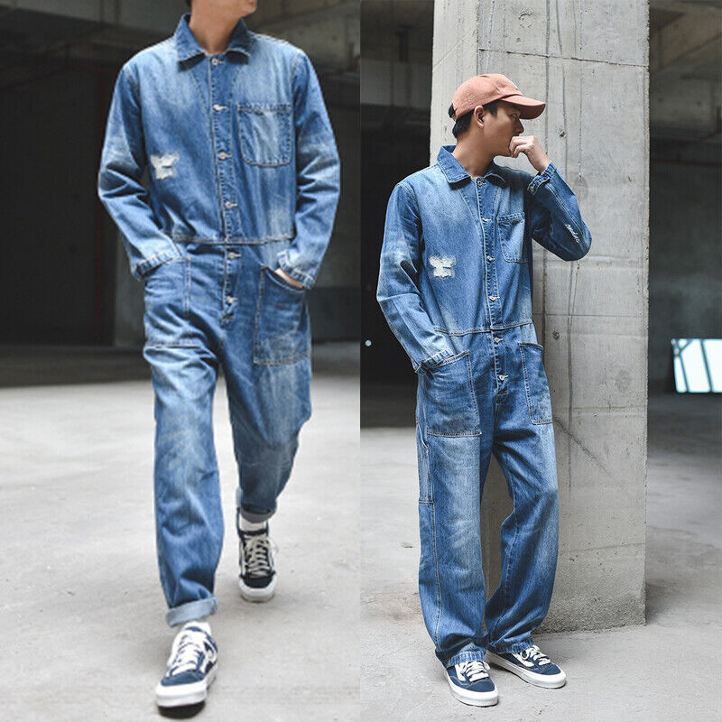 Men Denim Overall Jumpsuit Jeans Coat Suspender Romper Cowboy Loose Casual  Pants