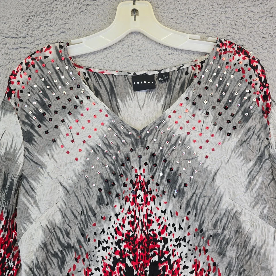 Top Tribal Mujer 12 Gris Rojo Lentejuelas Cuentas Manga Larga Arrugado Plisado Blusa Foto 2 de 4