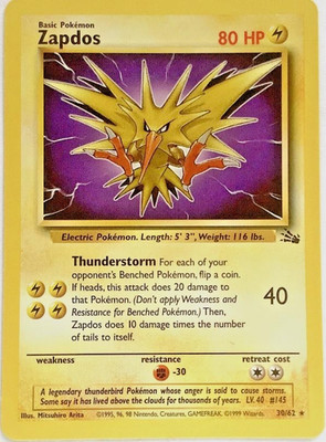 Pokémon TCG - Zapdos - 30/62 - Rare Unlimited - Fossil Unlimited [Heavy Play]
