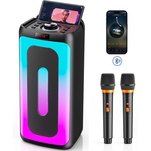 Portable Bluetooth Karaoke Speaker with 2 Wireless Microphones RGB Party Light
