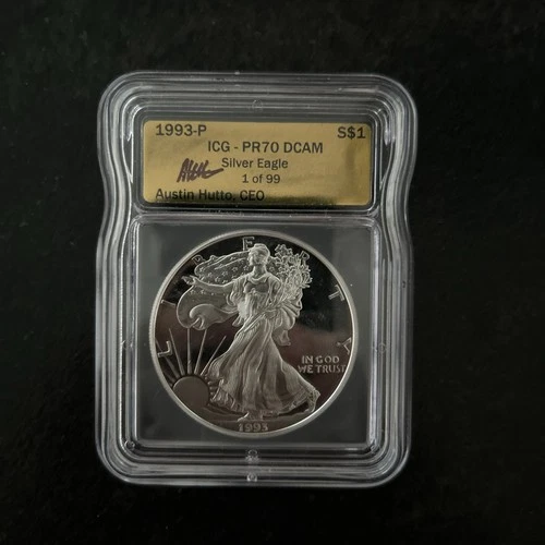 1993P PROOF SILVER EAGLE ICG PR70 DCAM AUSTIN HUTTO SIGNED GOLD LABEL 1 Of 99