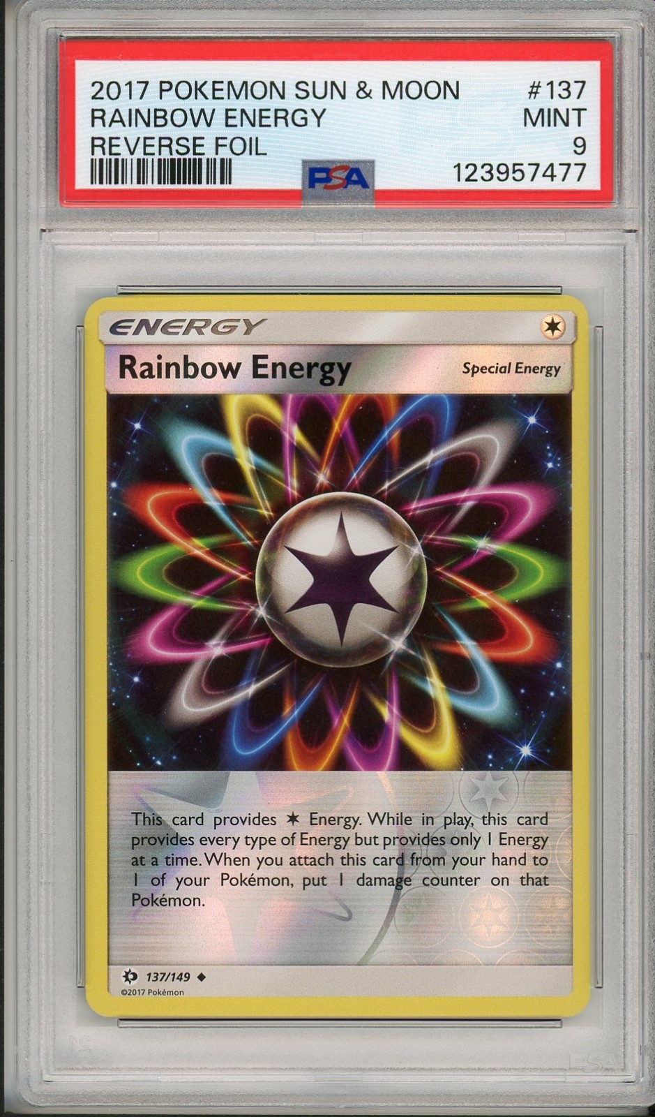 2017 Pokemon Sun & Moon Base Set Rainbow Energy Reverse Holo Foil #137 PSA 9