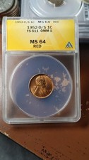 1952 Ds Fs-511 Omm-1 Lincoln Wheat Cent Anacs Ms64 Rd Red Cherrypicker 5500 1952 Ds Fs-511 Omm-1 Lincoln Wheat Cent Anacs Ms64 Rd Red Cherrypicker 5500