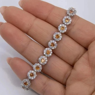 8 Ct Round Simulated Citrine 14k White Gold Plated Dainty Flower Tennis Bracelet