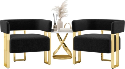 Modern Black and Gold Accent Chair Set of 2 Boucle Bucket Arm Chairs Bedroom - Picture 8 of 28