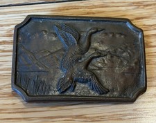 Vintage Brass Belt Buckle Ducks in Flight by Lake Nature Hunting 2.25 X 3.25