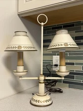 Vintage Toleware Double Arm Metal Desk Table Lamp With Shades Tan Beige 19” Tall