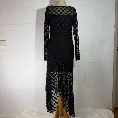 Carla Zampatti Black Sheer Polka Dot Asymmetric Evening Gown