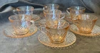 Set Of 7 Hazel Atlas Diamond Optic Pink Depression Glass Coffee Tea Cup & Saucer