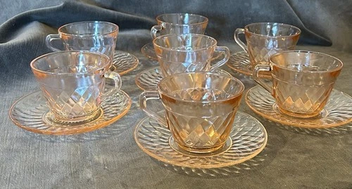 Set Of 7 Hazel Atlas Diamond Optic Pink Depression Glass Coffee Tea Cup & Saucer