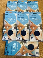 7❌Pretty Polly 15 Den Soft Shine Tights with Aloe Vera-6xDark Navy-1 B/Black VTG