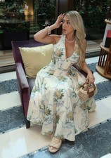 NWOT HOUSE OF CB ALLENA Lemon Ribbon Stretch Cotton Halter Midi Sundress. XS