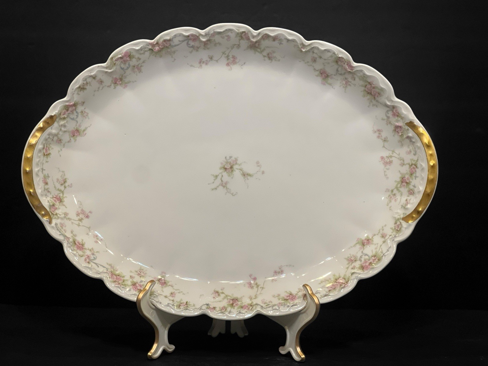 1905 Circa Theodore Haviland Limoges Oval Platter Pink Roses Gold Gilt 16.5x11"