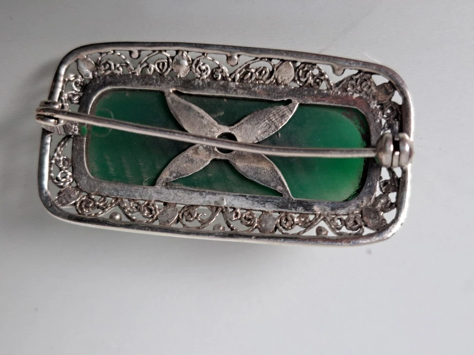 Molto Bella Spilla, 925 Argento Con Giada Verde E Marcasite - Immagine 3 di 4