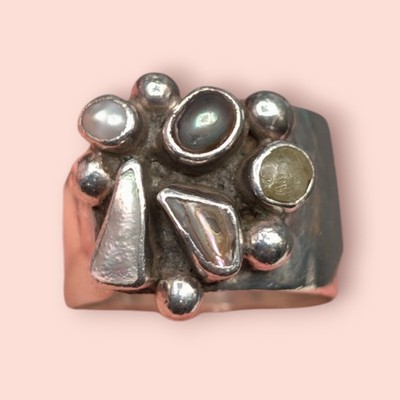Lilly Barrack Sterling Silver Multi Gemstone Stone Pearl Abalone Ring Size 7  