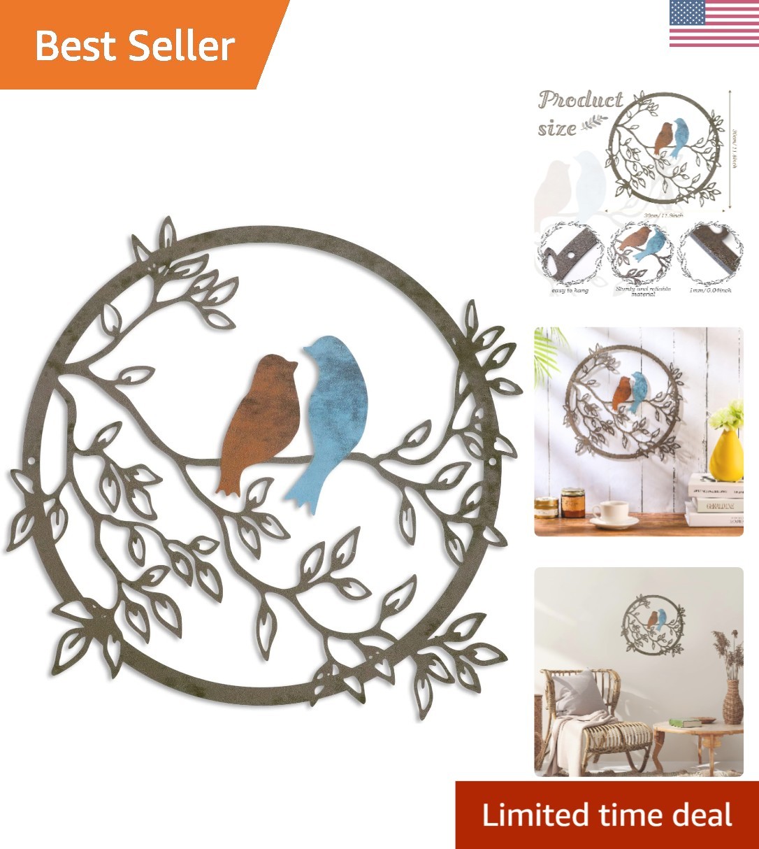 Classic Round Metal Wall Decor with Birds on Branch - Perfec