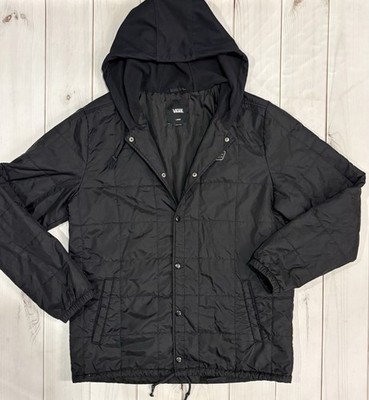 Vans Black Hooded Quilted Men Large Jacket Snap Closure Pockets