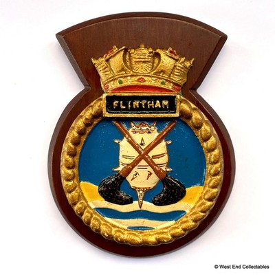 Alte HMS Flintham Minensucher Royal Navy Plakette Schild Wappen Abzeichen Tampion C