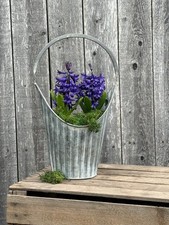 Galvanised metal planter with handle ribbed dolly tub garden bucket