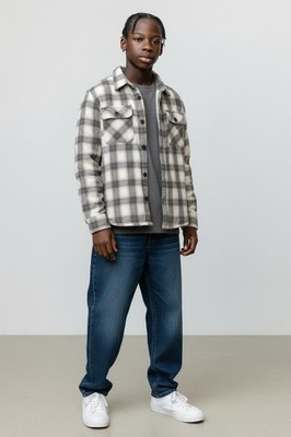 JACHS gray plaid flannel shirt jacket lined with soft white sherpa fleece