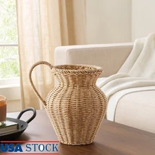 Faux Wood Rattan Pitcher Vase Decorative Natural Woven Planter Dried Plants New