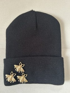 Natasha Black Knit Hat With Gold Bee Charms. One Size. NWT.
