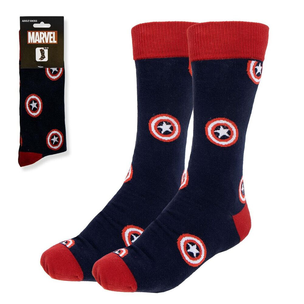 MARVEL COMICS CAPTAIN AMERICA SYMBOLS ALL OVER DESIGN BLUE PAIR OF CREW SOCKS