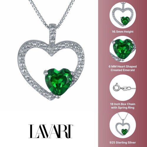 925 Sterling Silver Necklace with 1.35 Ct Heart Green Emerald and Diamond Accent - Picture 3 of 7