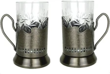 Neman  Crystal Tea Glass with Tea Glass Holder / Podstakannik 8.2oz. Set of 2
