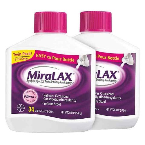 Miralax 2 Bottles, 68 Doses Polyethylene Glycol 3350 Powder * FAST