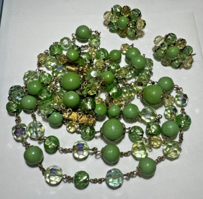 Vendome Apfelgrün Facettiert Glas Gold Folie Perlen 3T Vintage Ohrring Kette Set
