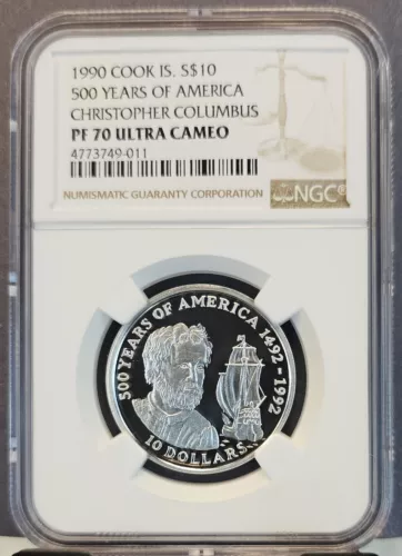 1990 COOK ISLANDS SILVER 10 DOLLARS CHRISTOPHER COLOMBUS NGC PF 70 ULTRA CAMEO
