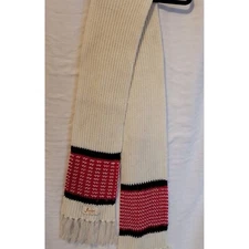 Vintage Acrylic Knit Scarf Fringe Ends Red Navy Ski Pattern Jeunique 60s 70s