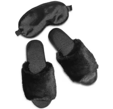 INC faux-fur women's open-toe slide slippers + eye sleep Black 2PC SET Size 5-10