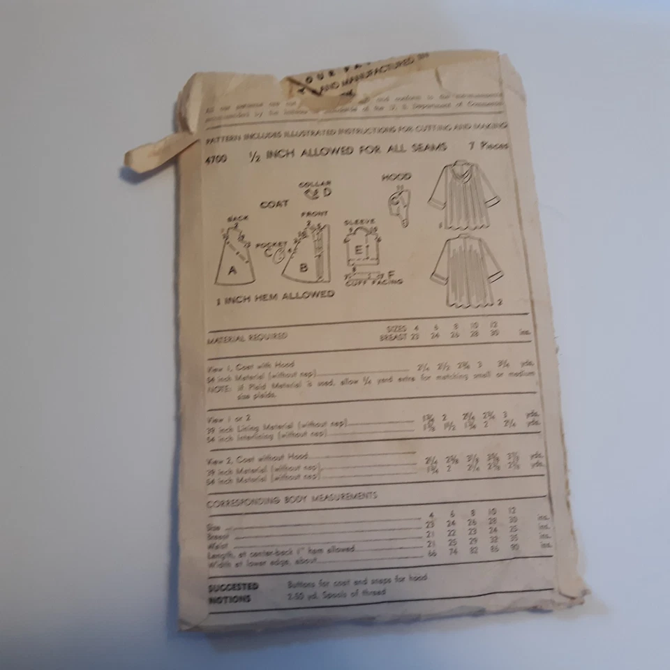 Advance 4700 Childs Coat Optional Hood Size 4 Pattern Cut - Image 2 of 2