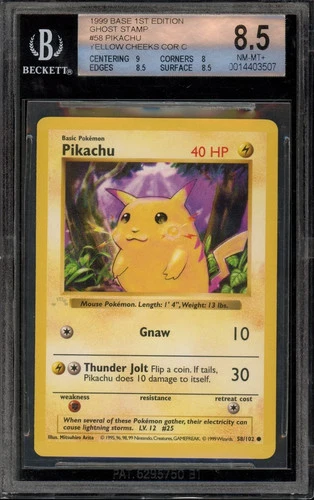 GHOST STAMP ERROR Pikachu 58/102 1st Edition Pokemon Base Set BGS 8.5 NM/Mint+