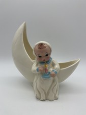 Vtg. Nursery Baby Room Ceramic Planter  Baby Holding Candle Sitting by Half Moon