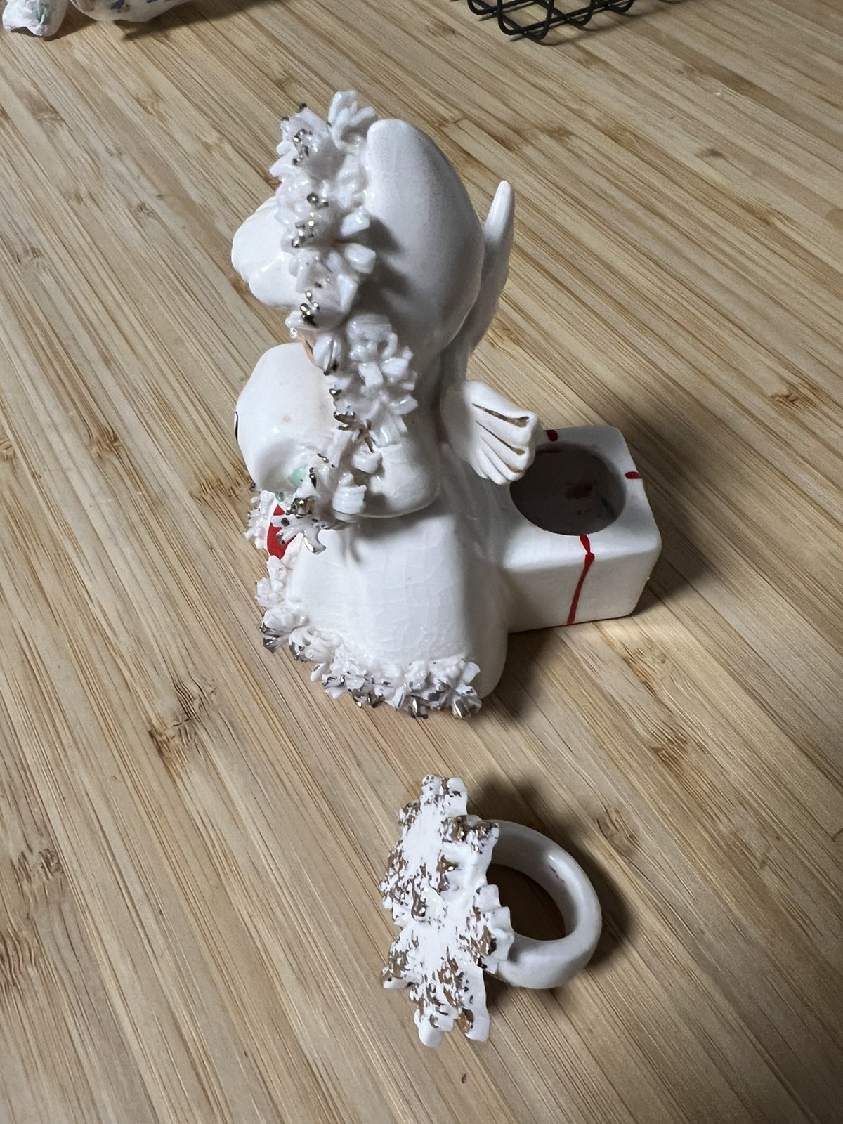 1958 Holt Howard Christmas Angel Candle Holder w/2 snowflake candle huggers