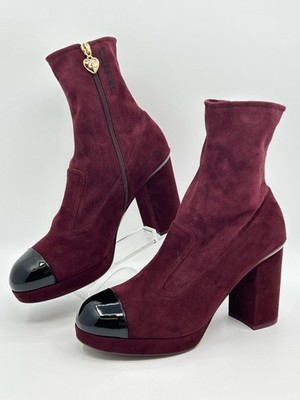 CHANEL NWOB 2023 CC Sock Booties SZ 41.5/US 10.5 Burgundy Black Women Boots