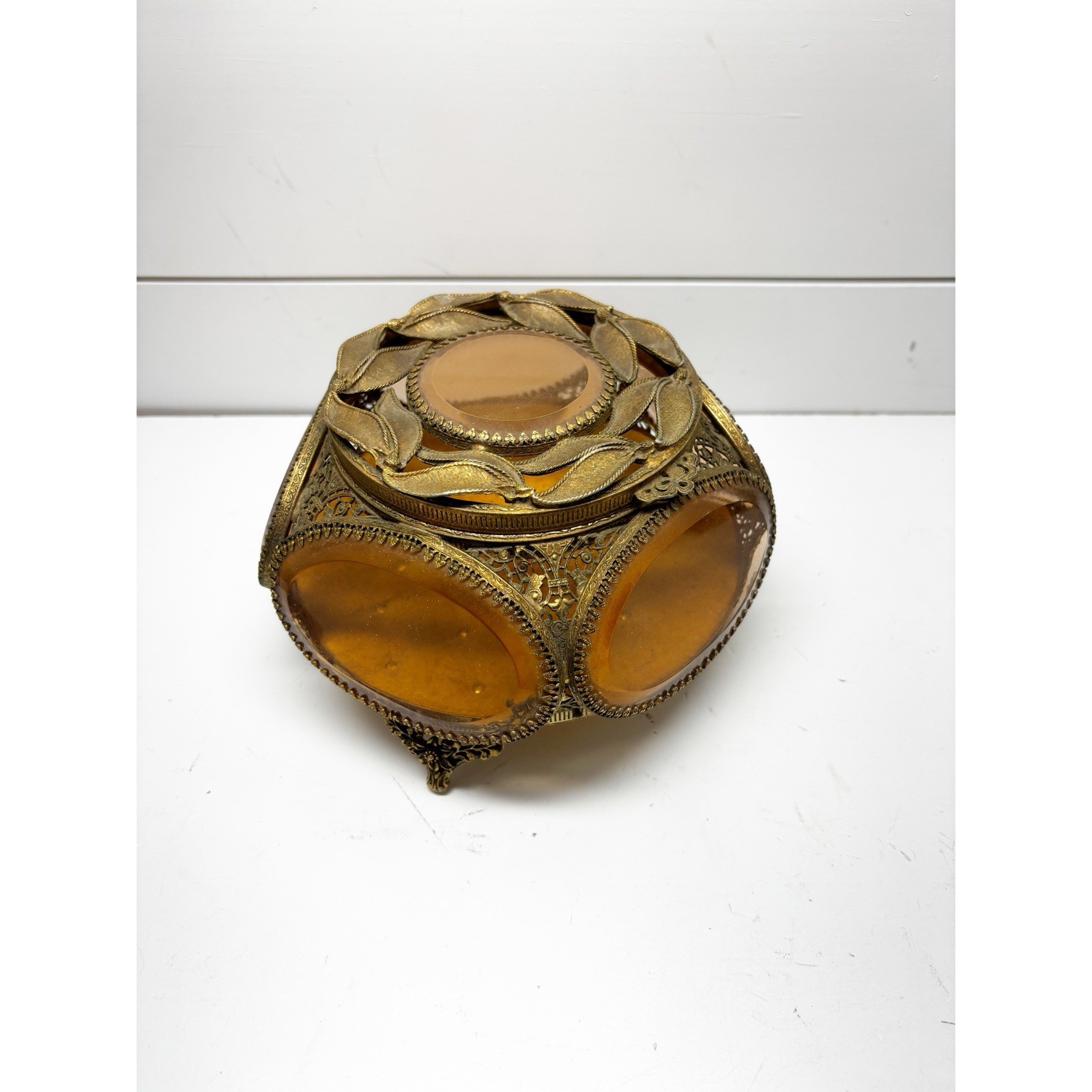 French Filigree Ormolu Jewelry Box Trinket Casket 5 Amber Glass Panels Tufted